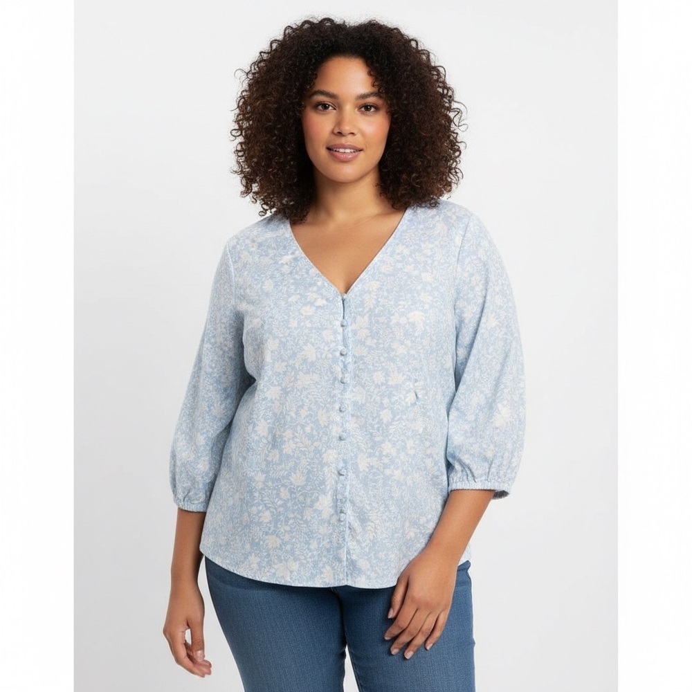 Joie Relaxed Botanical Print Blouse Cottagecore Coastal Plus Sz 2X Light Blue